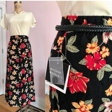 1990's Size 14W/16W Floral Midi Skirt with Matching Belt 