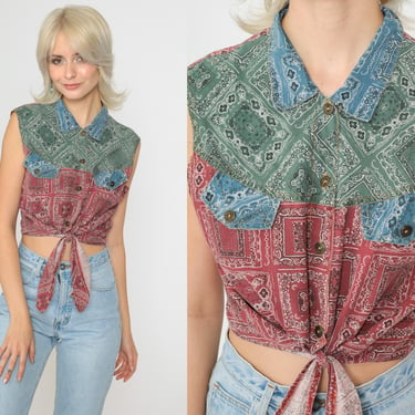 90s Crop Top Blouse Color Block Bandana Print Button Up Shirt Tie Waist 1990s Hippie Red Green Vintage Festival Sleeveless Tank Top Medium 