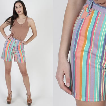 90s Pastel Rainbow Striped Denim High Rise 5 Pocket Jean Shorts 