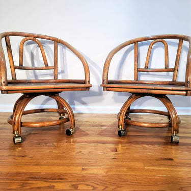 Mid Century Pair of Bamboo Lounge Chairs on Casters 
