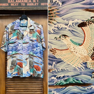 Vintage 1950’s “Penney’s” Asian Bird Design Rayon Hawaiian Shirt, 50’s Loop Collar Shirt, Vintage Clothing 