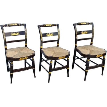 Set of Three American Painted Rush Seat Hitchcock Side Dining Chairs