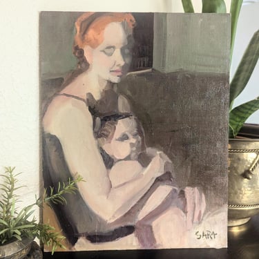 Mother & Child Portrait Original Painting, Signed Sara Sisun 