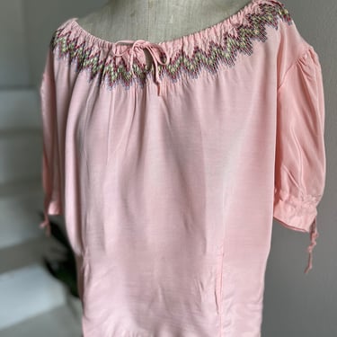 1930s Rayon Cotton Candy Pink Embroidered Folk Blouse Volup 44 Bust Vintage 