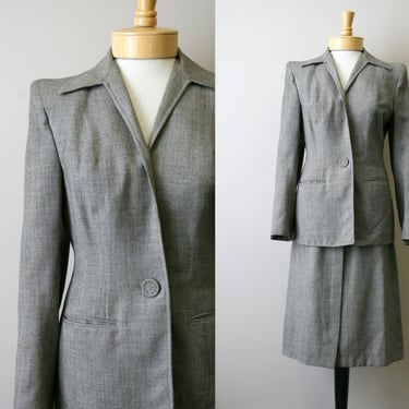 1940s Brown Mini Houndstooth Wool Skirt Suit 