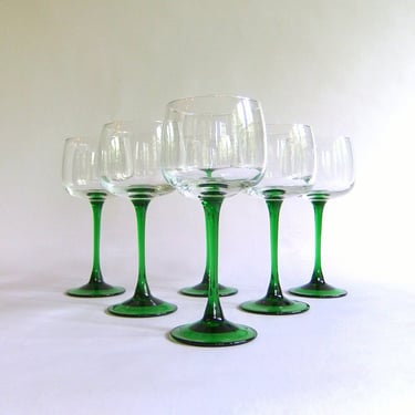 6 Vintage Luminarc France Green Stem Wine Glasses - Large, JG Durand, Emerald and Clear, 8 ounces, Arcoroc, Alsace, Bar, Barware 