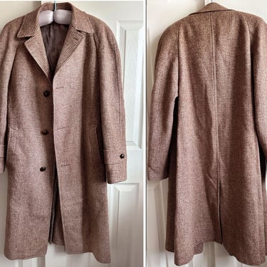 HARRIS TWEED -Like NEW- Men's Long Over Coat, Trench Coat Vintage Mid Century Balmacaan Brown Scottish Wool 1950's, 1940's Scotland Raglan 