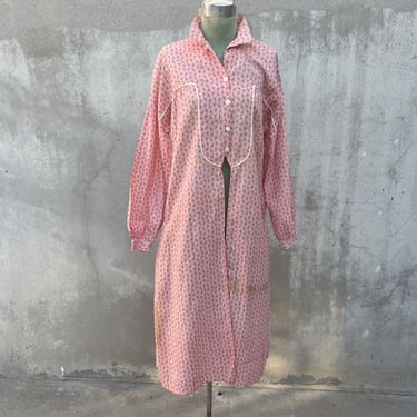 Antique 1920s Pink Cotton Dress Coat Robe Geometric Print Jacket Dustbowl VTG