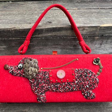 1950s Dachshund purse vintage red felt beaded weiner dog box bag 