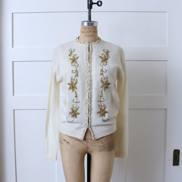 vintage 1960s beaded ivory wool cardigan • rose gold glass beads • soft cozy Angora blend sweater 