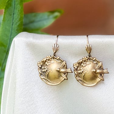 antique gold bird earrings, round gold medallion dangle drop statement earrings, handmade jewelry, cottagecore earrings, gift for her 