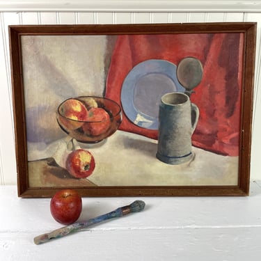 Still life with stein and apples - vintage 1950s painting on canvas 