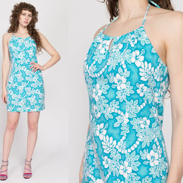 Large 90s Blue & White Floral Halter Mini Dress | Vintage Sleeveless Boho Keyhole Sundress 