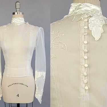 1980s White Organdy Blouse / 80s Does Victorian Satin Leaf Trimmed Collar and Sleeves with Pearls / Size Large 