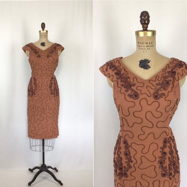 Vintage 50s dress | Vintage beaded copper dress | 1950s embroidered brick brown cocktail dress 