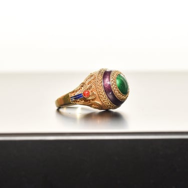 Chinese Export Gilt Silver Filigree Enamel Bombe Ring, Colorful Dome Ring, Adjustable, Size 6-11 US 