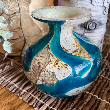 Vintage MDINA GLASS  Art Glass Vase ~ Made in Malta ~ Signed ~Studio Art Glass blue Sea Water & Natural Sand and shell Look~  Contemporary 