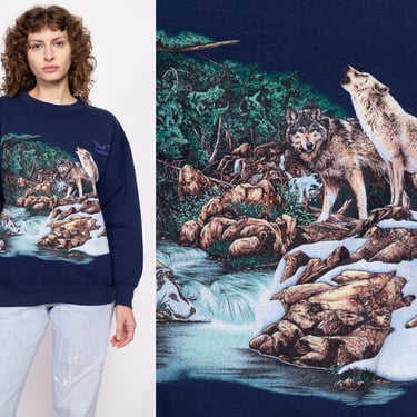 90s Massachusetts Wolf Sweatshirt - Men's Large | Vintage Navy Blue Graphic Tourist Pullover 