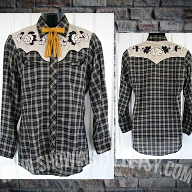 Karman Vintage Western Men's Cowboy, Rodeo Shirt, Black & Beige Plaid with Embroidered Flowers, 16-34, Approx. Large (see meas. photo) 