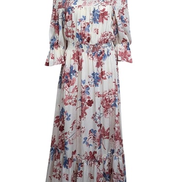 MISA Los Angeles - White w/ Red & Blue Floral Print Satin Smock Neck Dress Sz S