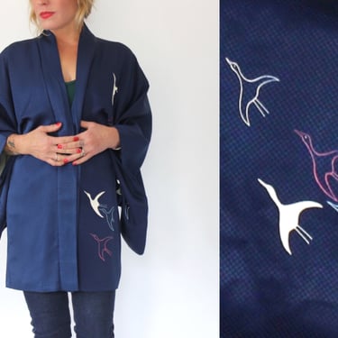Vintage Japanese Navy Blue Check Jacquard Silk Haori Kimono Jacket with Yuzen Resist Dyed Birds 