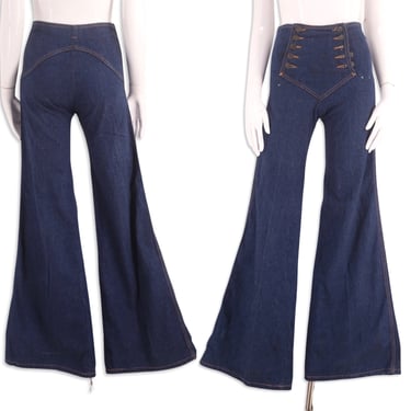 70s Chemin De Fer style denim bell bottoms jeans sz 2, vintage 1970s sailor button front dark denim bells, 70s flares pants sz XS 26 