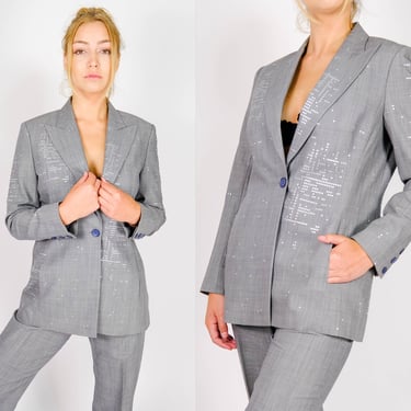 Vintage Richard Tyler Collection Light Gray Cross Hatch Gabardine Pant Suit w/ Square Silver Stud Design | Made in Italy | Y2K Designer Suit 
