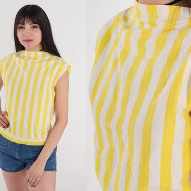70s Striped Shirt White Yellow Top Cap Sleeve Blouse Retro Preppy Mod Summer High Neck Tank Top Vertical Stipes Banded Hem Vintage 1970s XS 