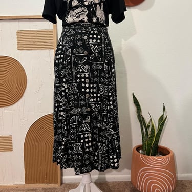 Vintage 90s USA Made Black Abstract Print Button Front Midi Summer Skirt Large 