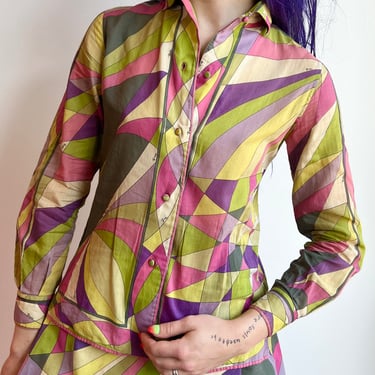 60’s Emilio Pucci Saks Fifth Ave Sage Green Pink Purple Psychedelic Cotton Lightweight Button Up Blouse