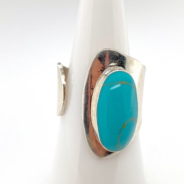 Artisan Modernist Turquoise & Sterling Silver Wrap Ring Sz 8.75 HOB Mexico 925 