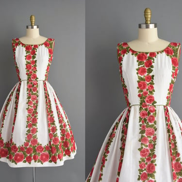 1950s dress | Gorgeous Jerry Giden Red Rose Floral Print Full Skirt Cotton Dress | Small | 50s vintage dress 
