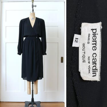 designer vintage 1980s Pierre Cardin dress • draped puff sleeve sheer black chiffon dress 