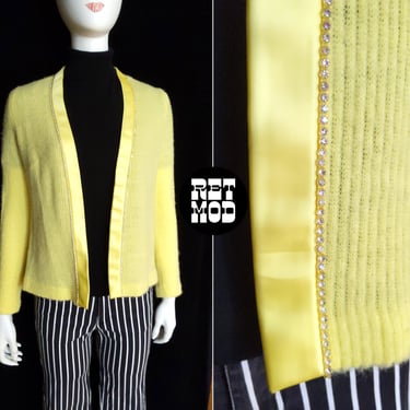 So Pretty Vintage 60s 70s Bright Pastel Yellow Fuzzy Soft Cardigan with Rhinestone & Satin Trim 