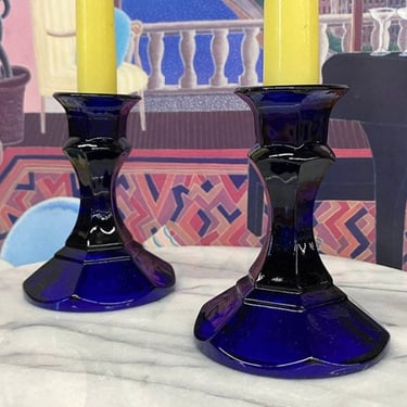 Vintage Candlestick Holders Retro 1980s Contemporary + Royal Blue + Glass + Set of 2 Matching + Candle Display + Home Decor 