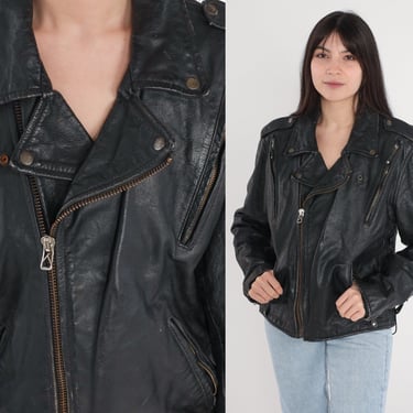 80s Leather Jacket Black Leather Moto Jacket Motorcycle Punk Rock Zip Up Coat Eighties Rocker Biker Zipper Pockets Vintage 1980s Medium M 