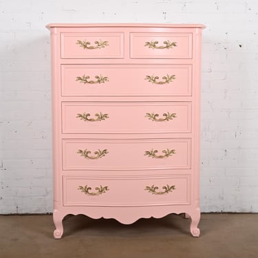 Kindel Furniture French Provincial Louis XV Pink Lacquered Highboy Dresser, Newly Refinished