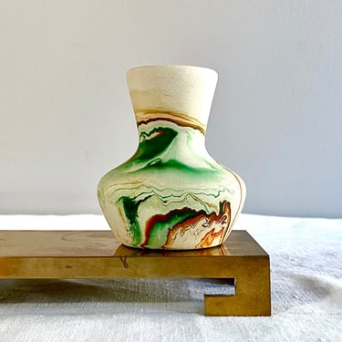 Vintage Nemadji Pottery Vase or Urn, Sandstone, Green, Orange n Brown Swirl Abstract Design - Southwest Boho Rustic Home Decor, Collectible 