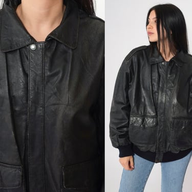 Black Leather Jacket 90s Bomber Jacket Zip Up Biker Moto Coat Motorcycle Cafe Racer Plain Rocker Vintage 1990s Men's extra large xl 