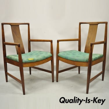 Mid Century Modern Walnut Curved Angled Back Dining Arm Chairs - a Pair