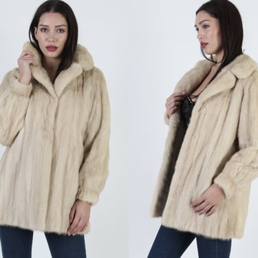 Womens Blonde Mink Coat / Vintage 70s Beige Fur Jacket / Genuine Plush Ivory Fur Collar / Stand Up Notched Collar Opera Jacket 