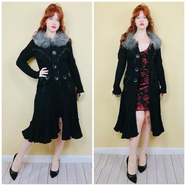 Y2K Vintage Grifflin Paris Mohair / Acrylic Duster / 90s Black Faux Fur Princess Cut Knit Cardigan / Medium 