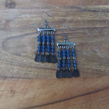 Blue frosted glass and gunmetal chandelier earrings 
