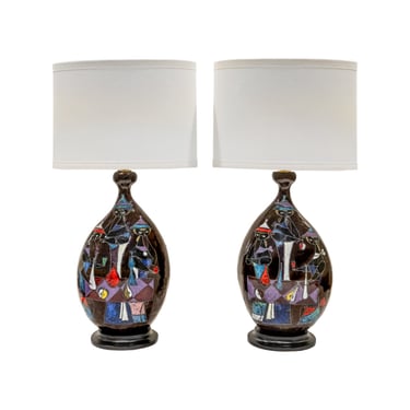 Marcello Fantoni Rare Pair of Ceramic Table Lamps with Figural Motif 1950s (Signed)