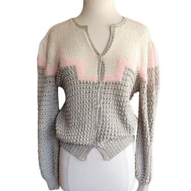 Vintage 80s Sweater Gray Pink Handknit Cardigan Acrylic Angora by Signatures 