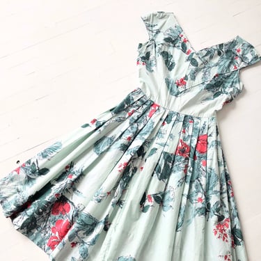 1950s Mint Floral Print Dress 