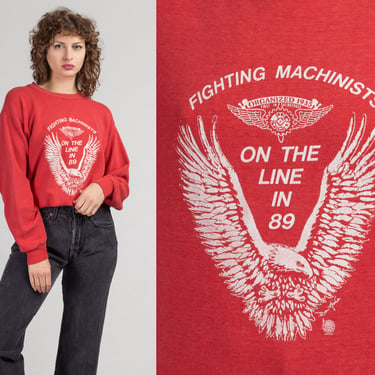 1989 Fighting Machinists Union Sweatshirt - Men's Medium | Vintage 80s Unisex Red Aerospace Graphic Pullover 