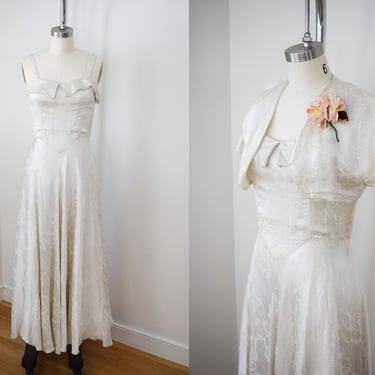 Vintage 1940s Satin and Lamé Gown with Bolero | S | 40s Rayon Silver and White Satin Gown with Floral Design | Bridal Gown | Wedding Dress 