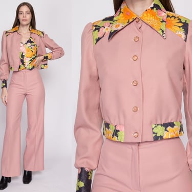XS 70s Floral Three Piece Matching Set | 1970s Boho Dusty Rose Jacket Vest & Flared Pant Suit Co Ord Outfit 
