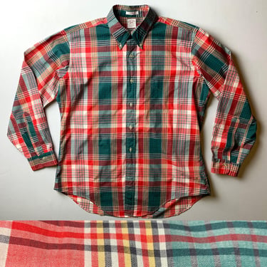 Vintage 60s Preppy Christmas Colors Plaid Cotton Shirt Size L 